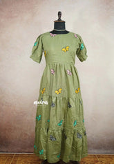 Maska cotton butterfly embroidery full length Frock / Dress - Olive green L SIZE